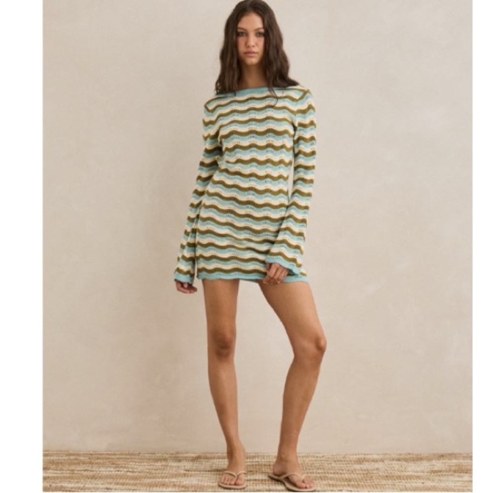 Rhythm Wave Pattern Knit Mini Dress - Green and Cream